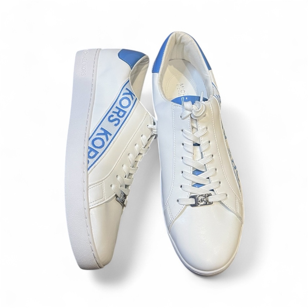 Michael Kors Women's KORS Print Side Faux Leather White Blue Sneakers NWOT